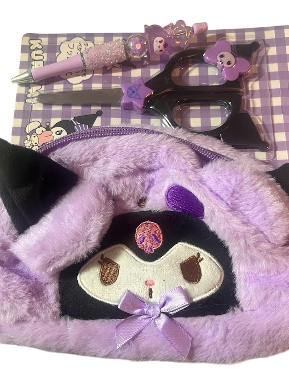 Kuromi Purple Plush Pencil Case with Matching Scissors & Pen
